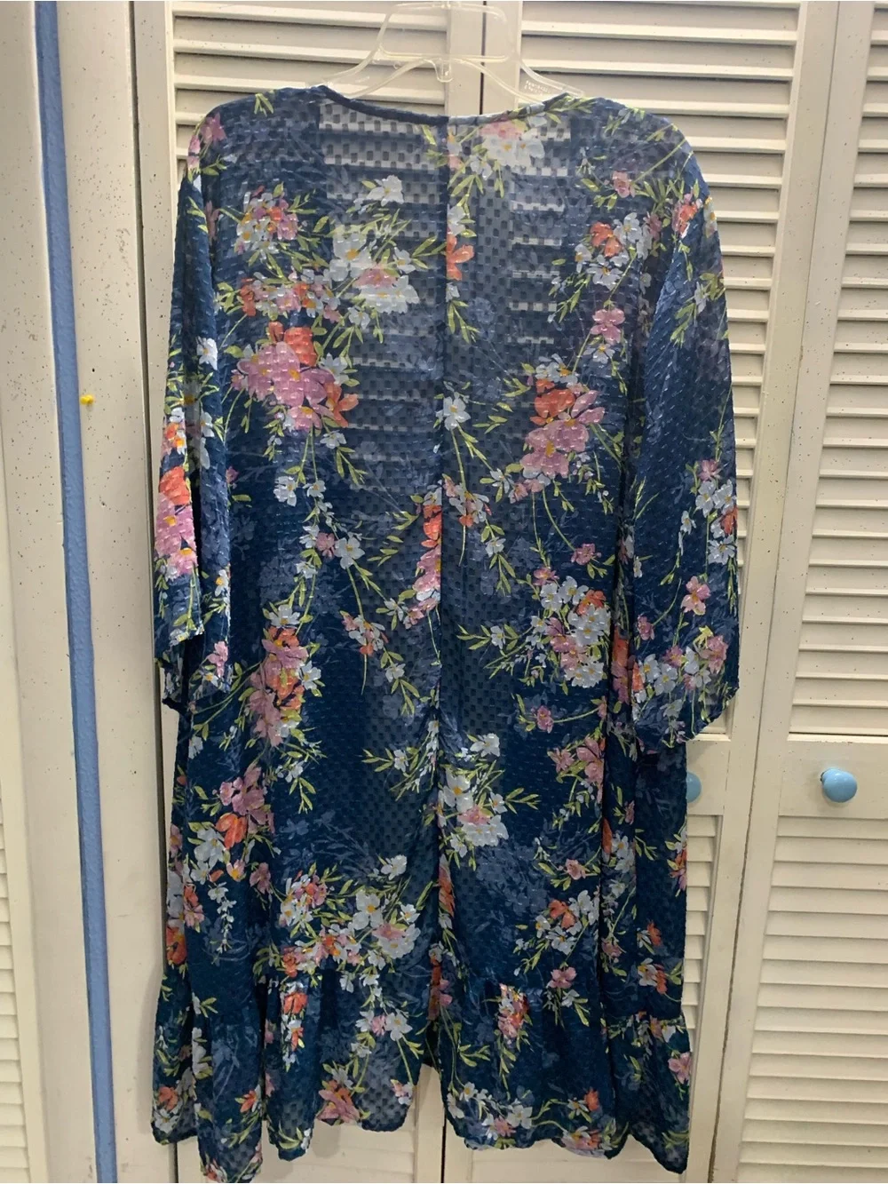 Maurices Blue Floral Textured Sheer Long Kimono Cardigan With Tiered Ruffle Hem - Picture 7 of 8